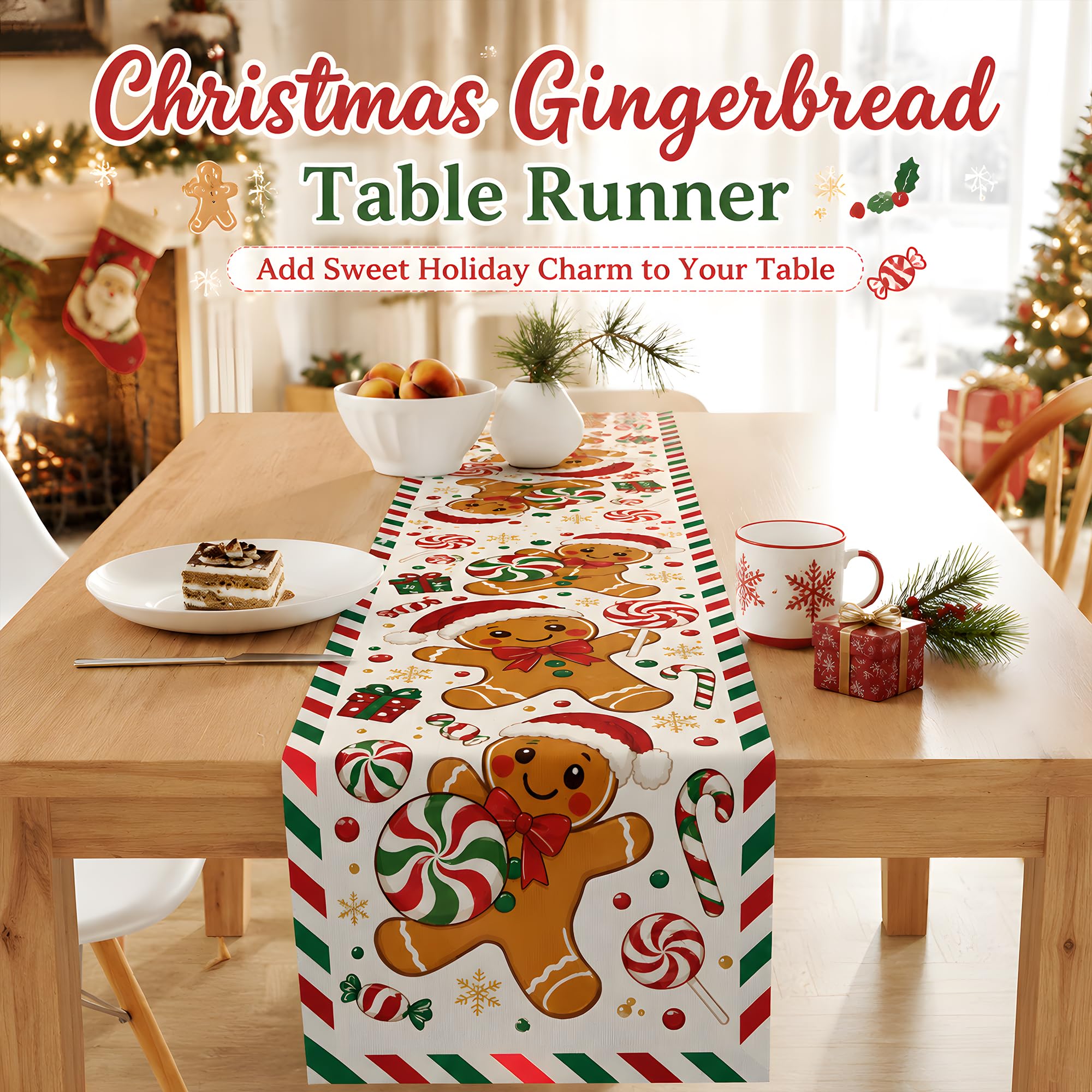 Linen Table Runner - Christmas Gingerbread Man Table Runner, Cute